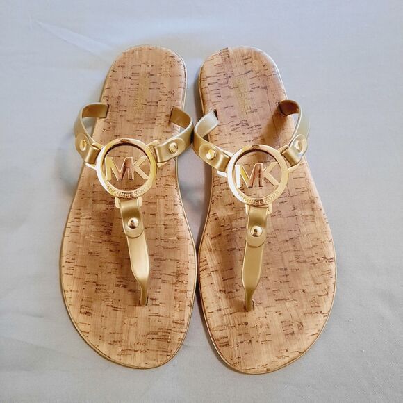 Michael Kors Womens Jet Set Jelly Flip Flop Gold-Tone Logo Size 8 Cork Footbed - Picture 7 of 7